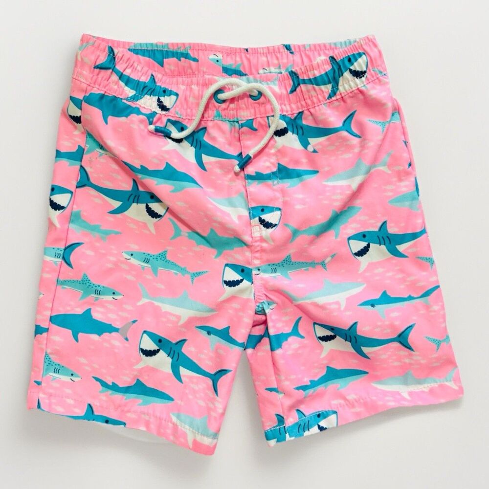Gymboree Shark Swim Trunks Boys Size 7 Pink Blue Shark Print Mesh Lined READ